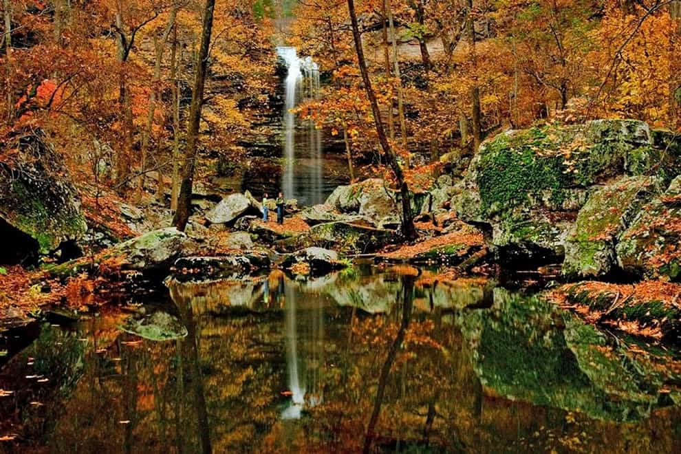 Fall foliage and waterfall, autumn in Arkansas at Petit Jean State Park, part of the Ozarks