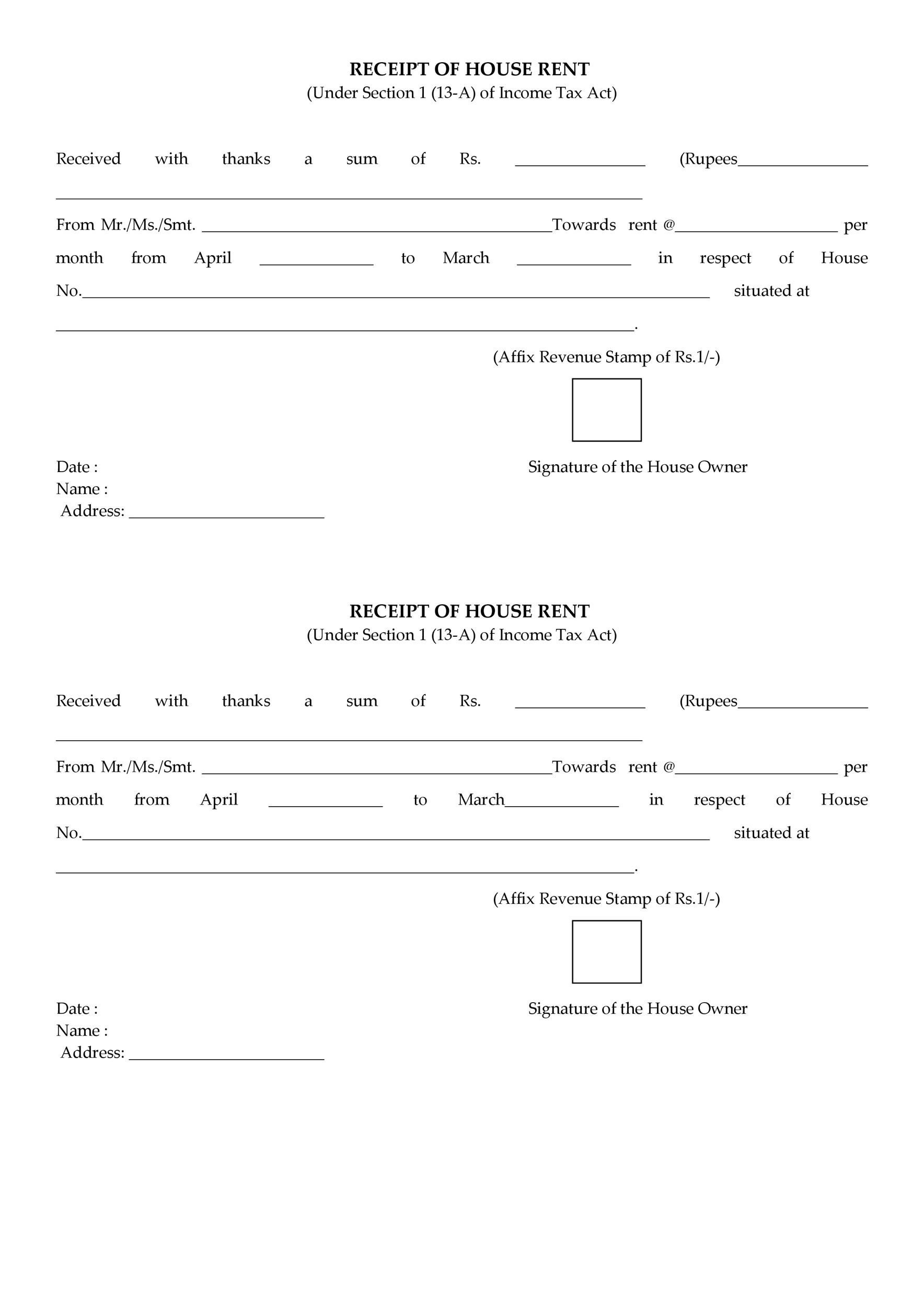 house rent receipt template india pdf template