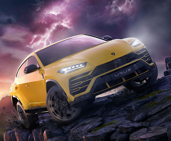A yellow Porsche SUV sits parked in front of a stormy sky.