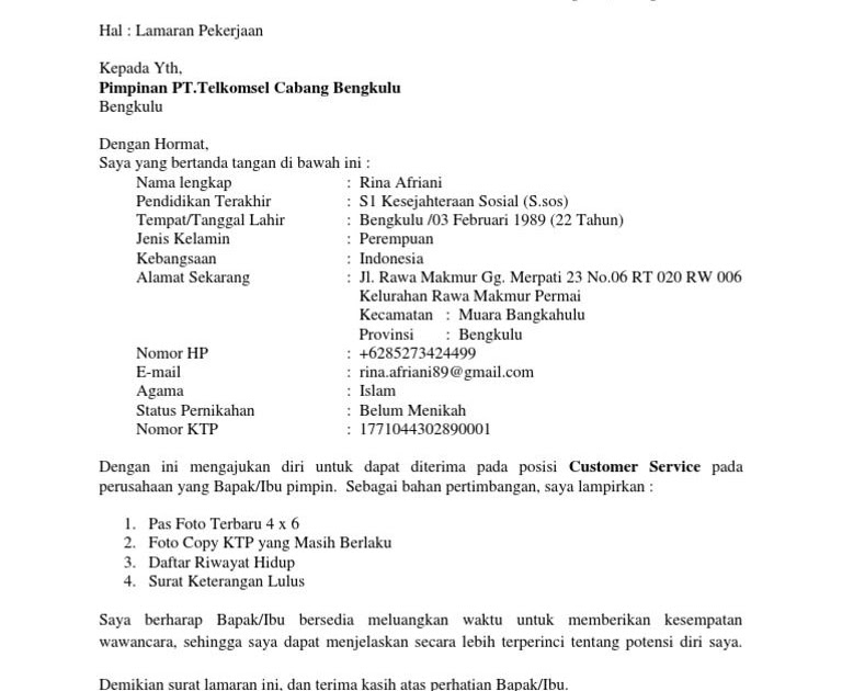 Contoh Surat Lamaran Kerja Di Pt Pegadaian Contoh Surat