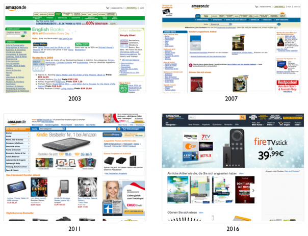 Screenshots Amazon.de im Lauf der Jahre