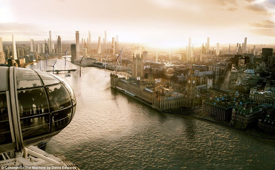 To power all the extra skyscrapers littered across London's skyline, pictured centre, Edward placed wind turbines in the River Thames near the Houses of Parliament. This image shows how London could look from a pod on the London Eye, pictured left