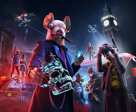 A post-apocalyptic scene, featuring Big Ben and various characters in the background, and a man wearing a distorted pig mask and holding a skull mask in the foreground.