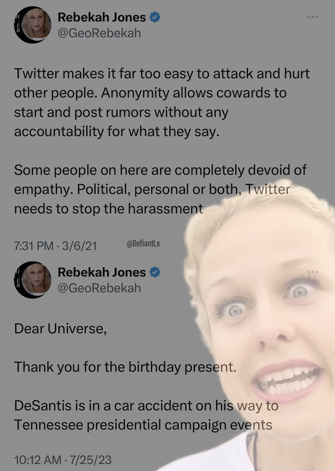 Hypocrite Rebekah JOnes who is moaning about people lacking empathy, then cheers car accident because DeSantis is in the wreck.