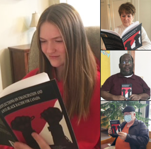 Photo collage of different people reading the book.