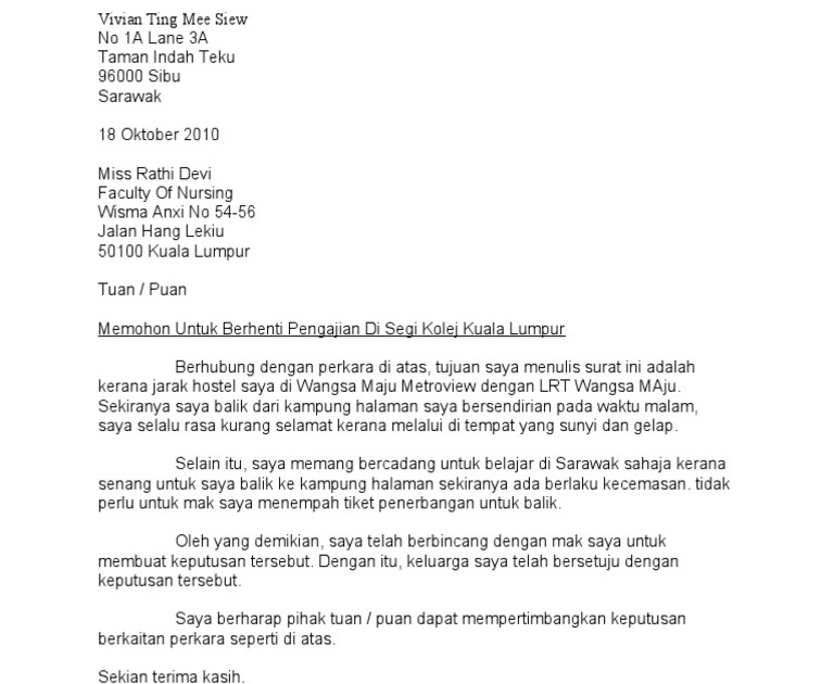 Contoh Surat Rasmi Berhenti Belajar Di Universiti - GRasmi