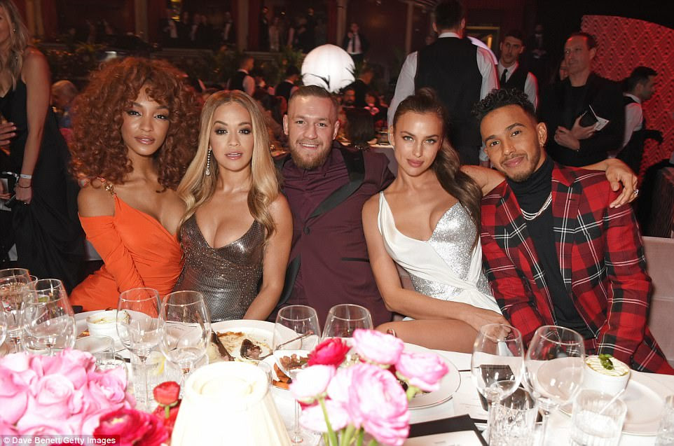 Cheers! (L-R) Jourdan Dunn, Rita Ora, Conor McGregor, Irina Shayk and Lewis Hamilton attend a reception ahead of the gala