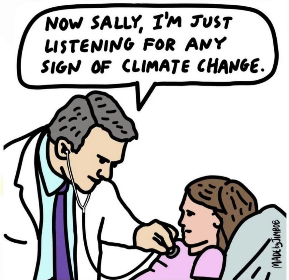 Cartoon showing a docton examining a patient looking for 'climate change.'