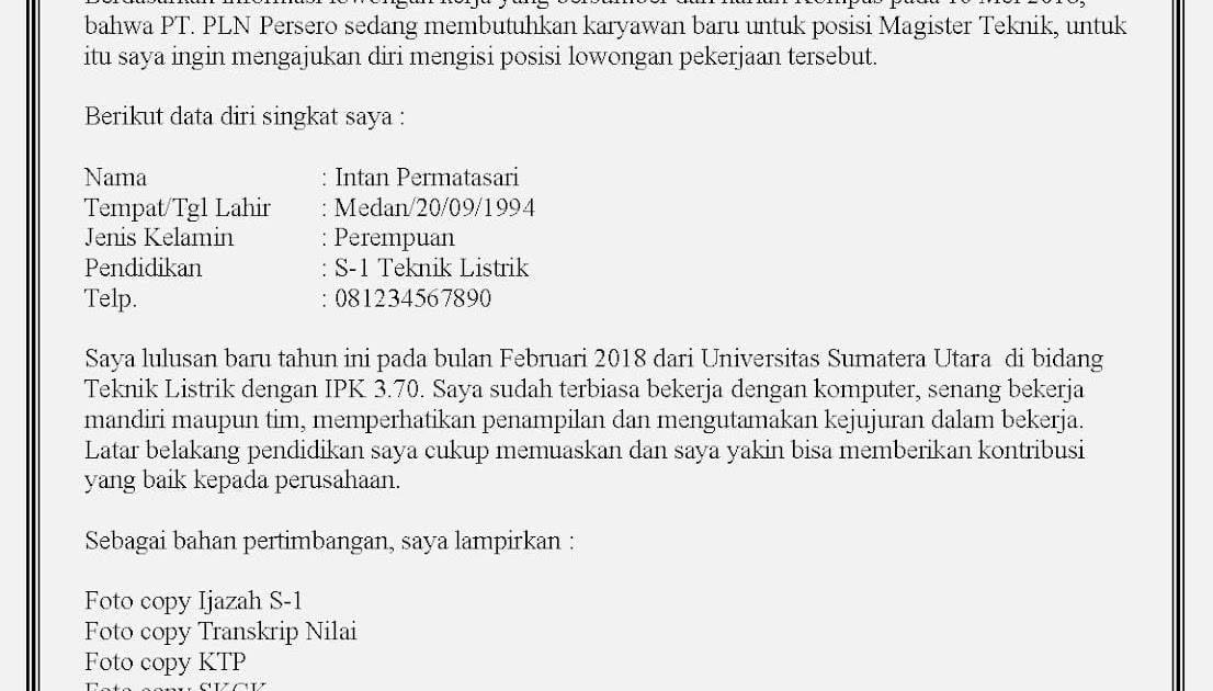 Contoh Surat Lamaran Pekerjaan Dalam Bentuk Setengah Lurus