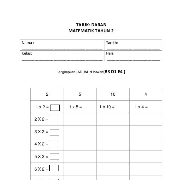 Soalan Darab Matematik Tahun 2 - Persoalan w