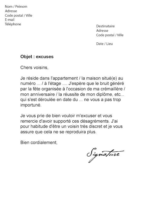 Lettre D Excuse Pour Travaux Dans Immeuble - Exemple de Lettre