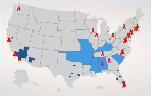 U.S. map with areas with a high HIV burden highlighted and CFAR and ARC sites indicated