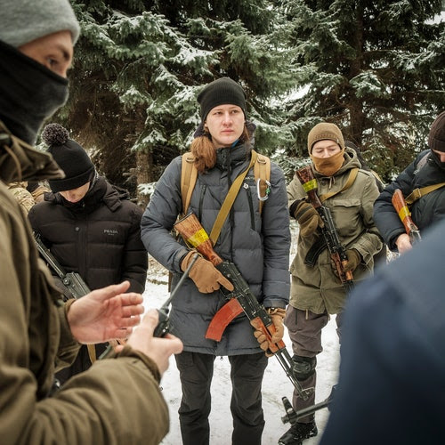 An instructor discusses basic tactics during an introductory level military and first aid training session for civilians by the Azov regiment of the National Guard of Ukraine at their base in Kyiv, Ukraine, on Sunday, Jan. 30, 2022.