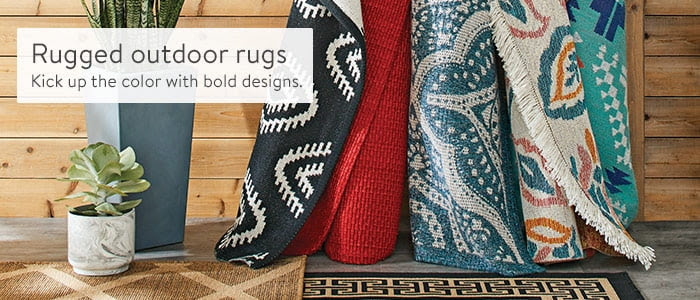 Rugged outdoor rugs. Kick up the color with bold outdoor rugs.