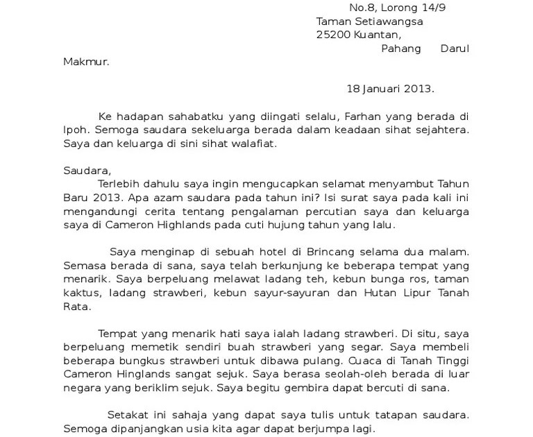 Contoh Karangan Surat Kiriman Rasmi Tahun 5