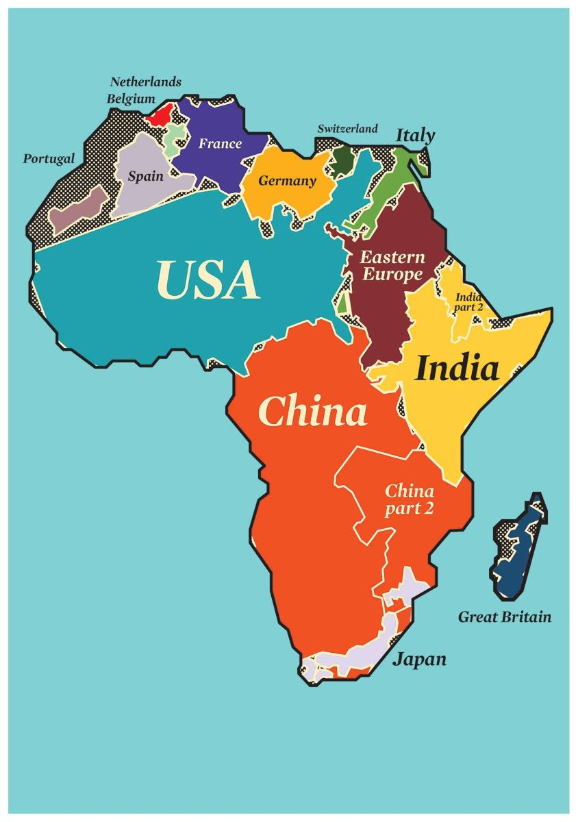 Map of Africa with a dosen countries including USA and China easily fitting into the continent.