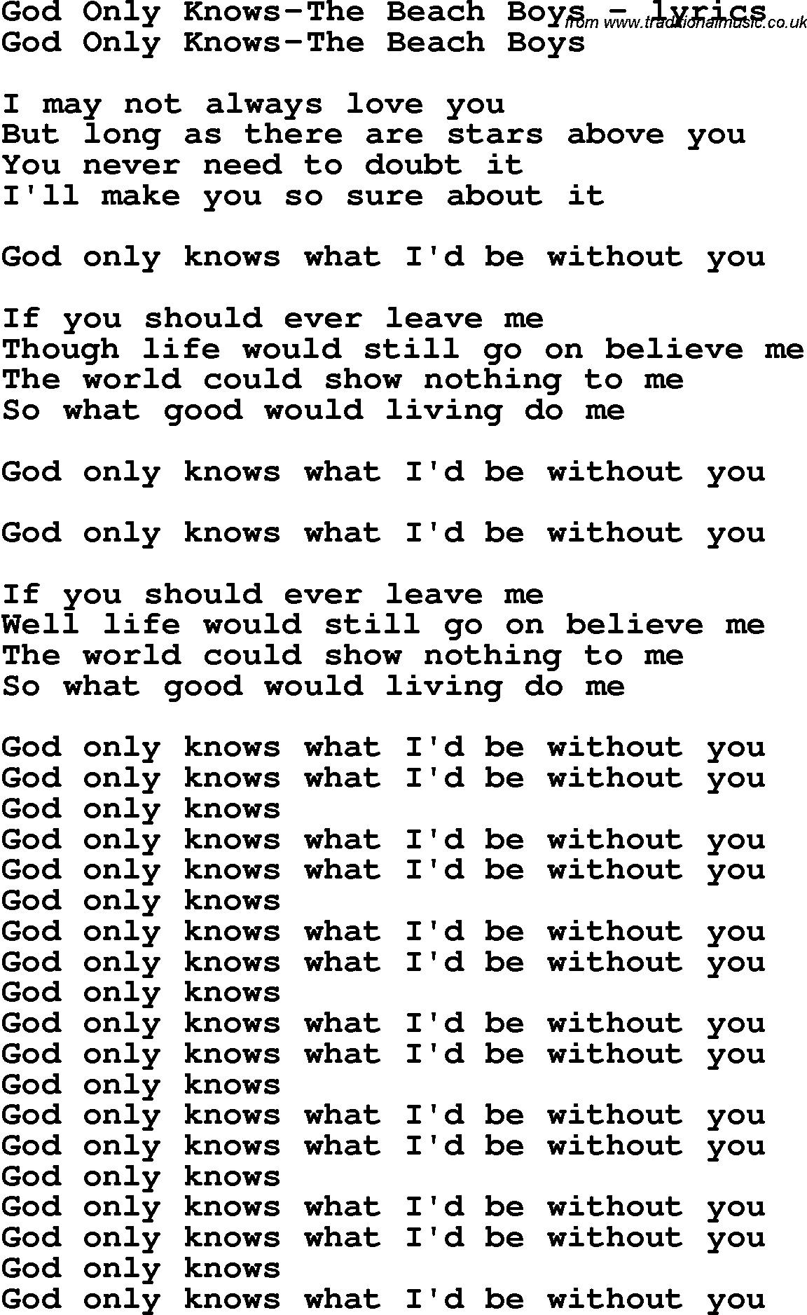 Lyrics To God Only Knows What I Be Without You Lyricswalls