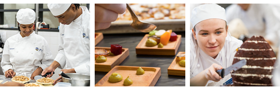 three photos in row of culinary students picking up pastries, plating, and cutting a cake