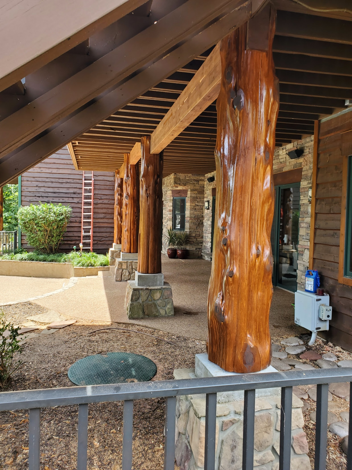 Post connections for deck & porch railings. Cedar Log Post Wraps