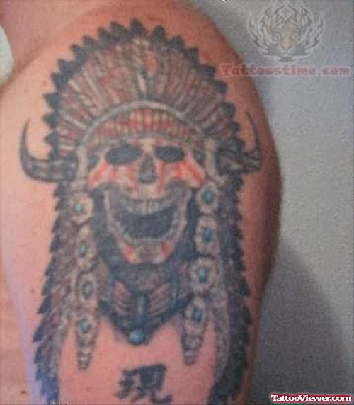 Color native american skull with feathers american tattoo on chest. Native American Skull Tattoo For Shoulder