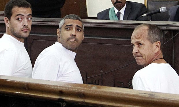  Baher Mohamed, Mohamed Fahmy and Peter Greste in court in March 2014. Photograph: Heba Elkholy/AP