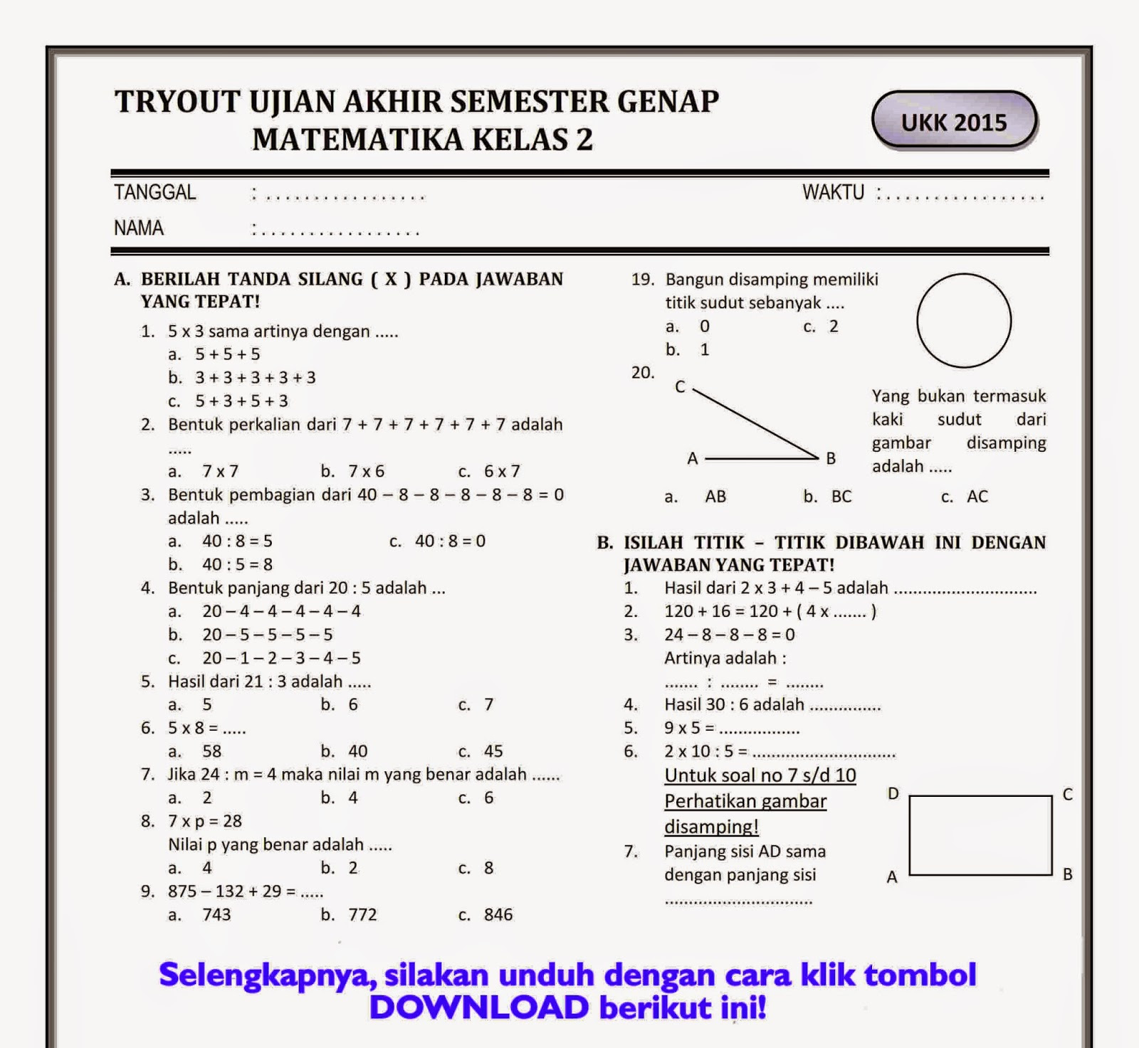 Soal Matematika Kelas 1 Sd Semester 2 K13