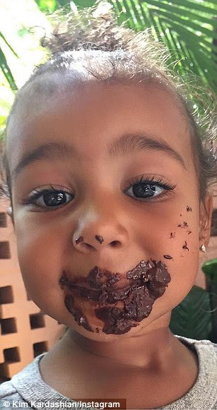 Sweet tooth: Kim Kardashian shared an adorable before and after photo of hear daughter North enjoying a chocolate pancake