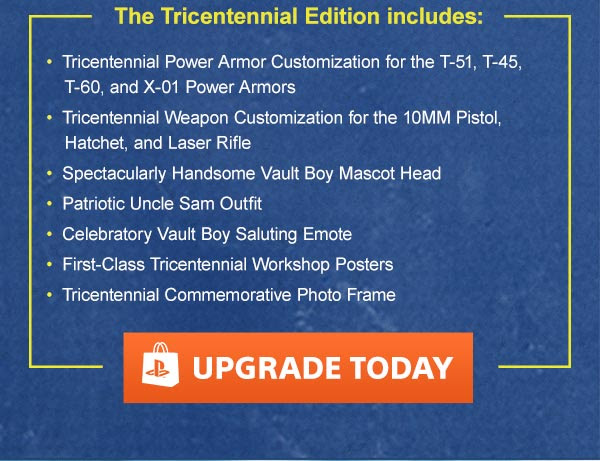 The Tricentennial Edition includes: | •  Tricentennial Power Armor Customization for the T-51, T-45, T-60, and X-01 Power Armors
•  Tricentennial Weapon Customization for the 10MM Pistol, Hatchet, and Laser Rifle
•  Spectacularly Handsome Vault Boy Mascot Head
•  Patriotic Uncle Sam Outfit
•  Celebratory Vault Boy Saluting Emote
•  First-Class Tricentennial Workshop Posters
•  Tricentennial Commemorative Photo Frame | UPGRADE TODAY