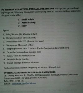 Stasiun kereta api di palembang berada di kertapati yang pada masa itu masih bernama karang berahi. Lowongan Pekerjaan Pt Menara Nusantara Perkasa Palembang Situs Resmi Dinas Tenaga Kerja Dan Transmigrasi Kabupaten Banyuasin