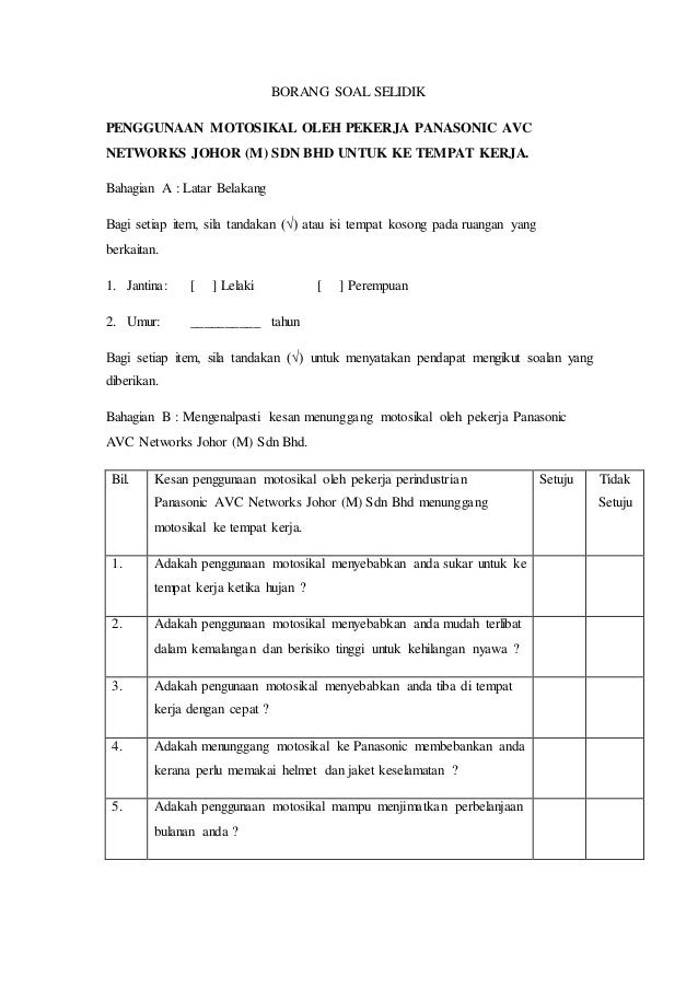 Borang Soal Selidik Keselamatan Di Tempat Kerja