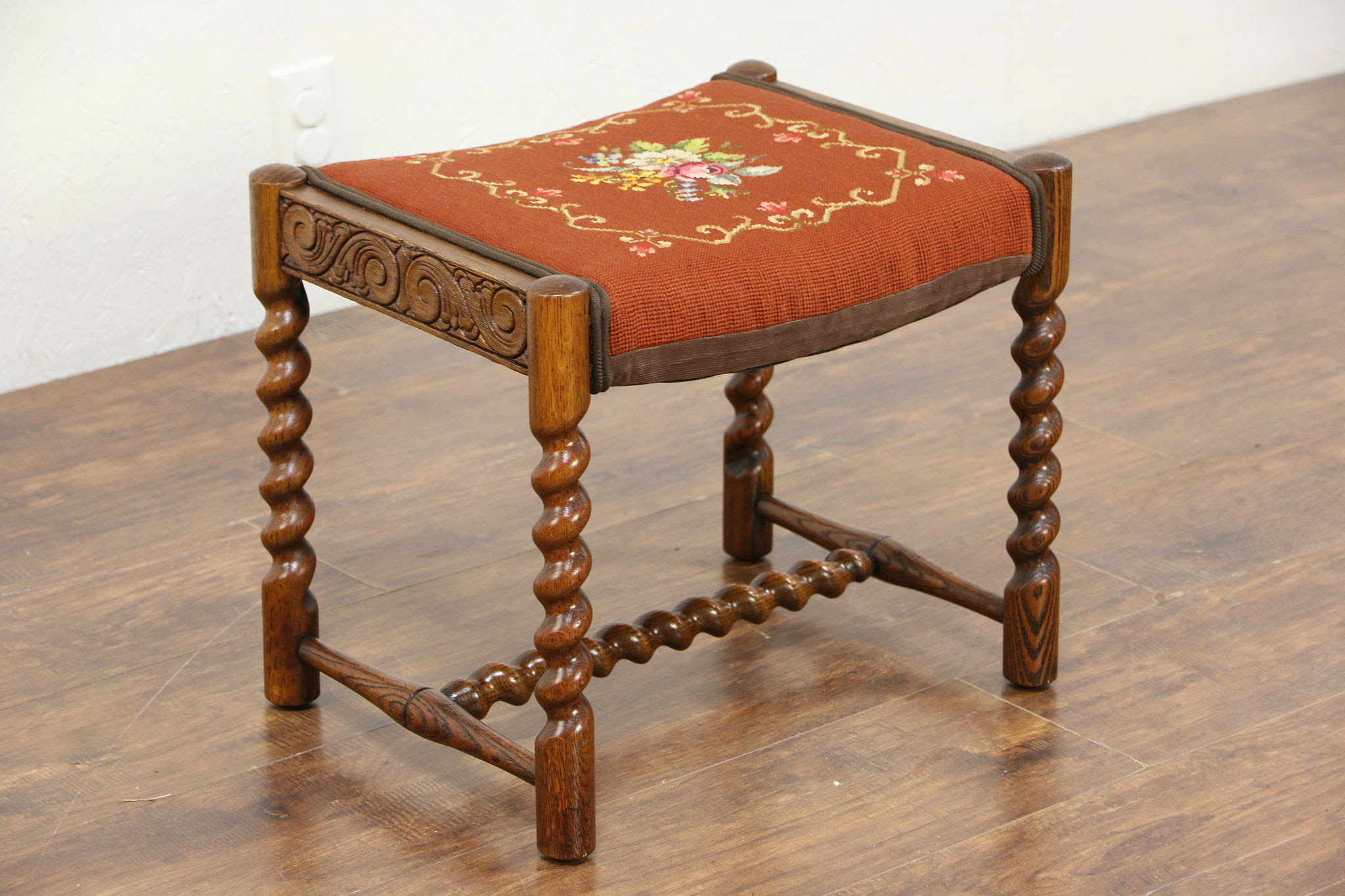 5 out of 5 stars. Sold Oak Antique Stool Or Bench Spiral Legs Needlepoint Upholstery Harp Gallery Antiques Furniture
