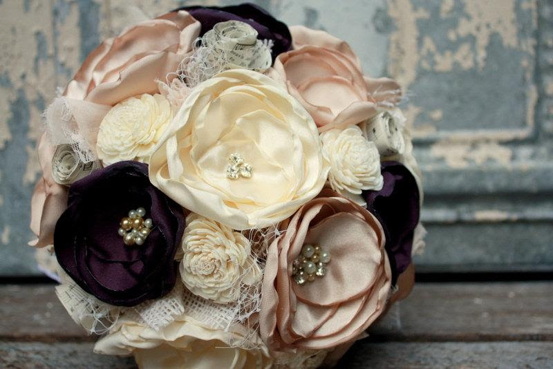 Check spelling or type a new query. Champagne And Eggplant Fabric Flower Bridal Bouquet Plum Wedding Bouquet With Vintage Sheet Music Burlap And Sola Flowers 2591911 Weddbook