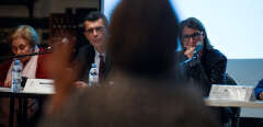 Co presidents of the commission Edouard Durand and Nathalie Mathieu listen to a victim's testimony during a public meeting organized by the CIIVISE, French acronym for Independent commission on incest and child sexual abuse at the Palais de la Femme in Paris, on February 16, 2022. - The CIIVISE organizes public meetings in several cities in France to allow victims or witnesses of child sexual abuse to testify and to provide them with assistance. (Photo by JULIEN DE ROSA / AFP)