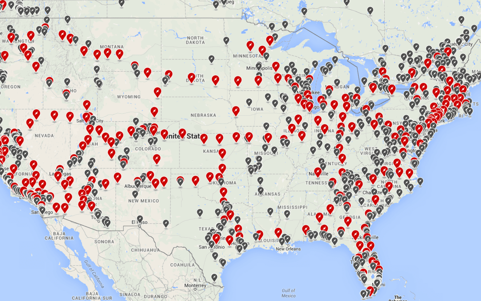 Map showing Tesla charging stations across the world