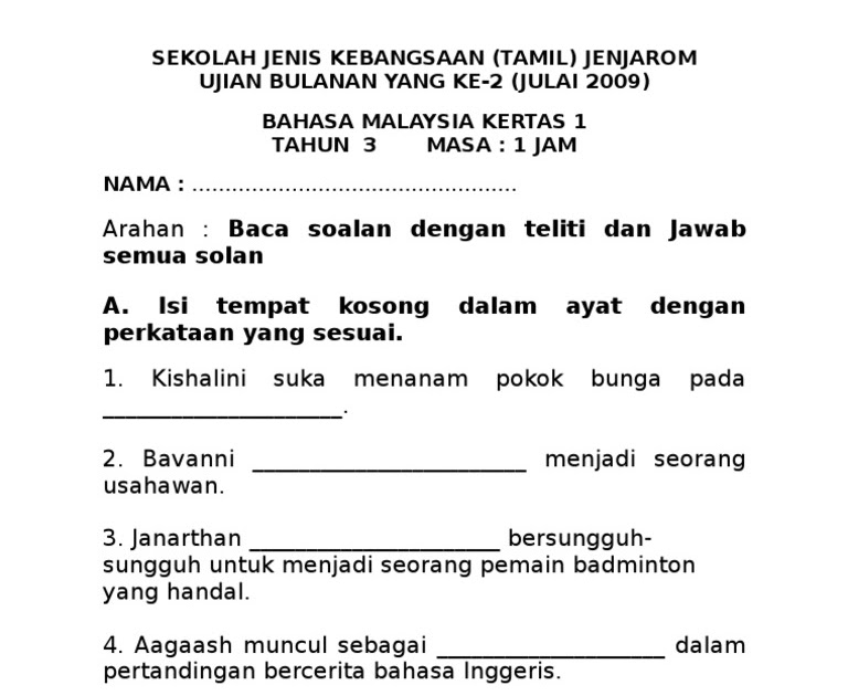 Soalan Bahasa Melayu Tahun 1 Suku Kata - Terengganu z