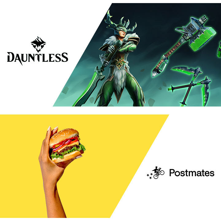 Logos for Dauntless and Postmates next to a Dauntless player character and a hand holding up a cheeseburger, respectively