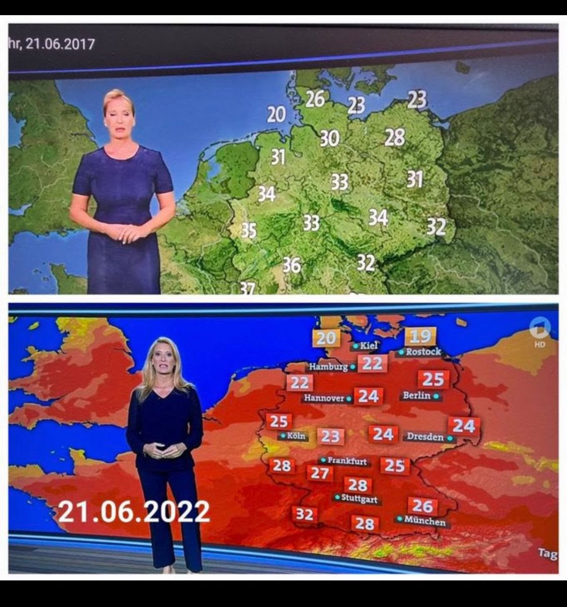 Two weather map photos. The newer one is in red to indicated bad climate change temps. But the temps are actually lower.