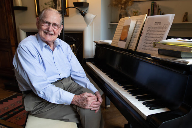 The Rev. Carlton “Sam” Young has written a book about his long, fruitful career in church music, which includes editing The United Methodist Hymnal. Young titled his autobiography “I’ll Sing On: My First 96 Years.” Photo by Mike DuBose, UM News.