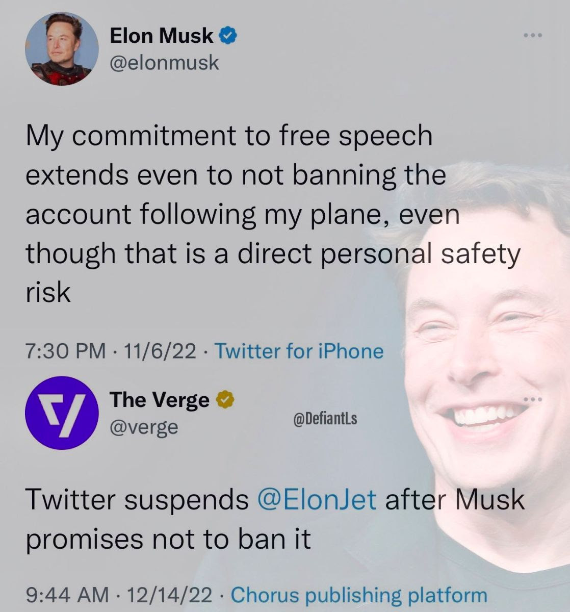 Hypocrite: Elon Mush. He tweets about free speech in one tweet, then bans someone he said he would not ban off Twitter.