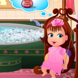 Give him a bath with soap and nice bubbles , give him toys to play so he does not cry then do his hair and dress him up with the cutest outfits. Baby Bathing Games