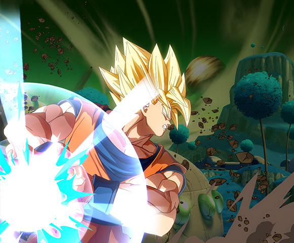 Goku preparing to battle with a bright ball of energy.