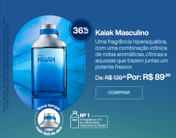 Kaiak Masculino. Uma fragrância hiperaquática, com uma combinação icônica de notas aromáticas, cítricas e aquosas que trazem juntas um potente frescor