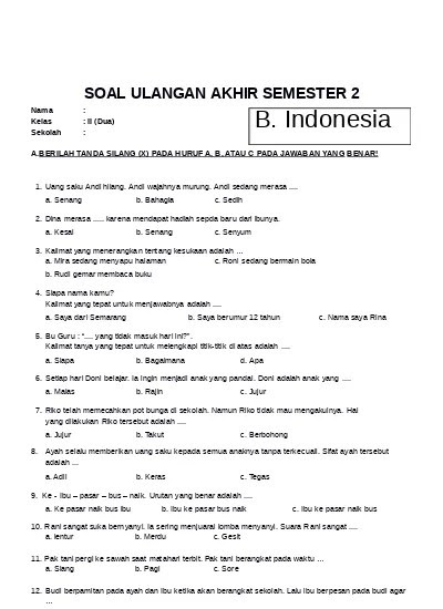 Kunci Jawaban Bahasa Indonesia Kelas 7 Ujian Semester 2 / Soal Bahasa