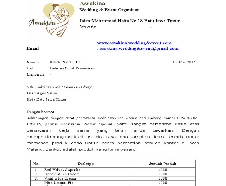Mar 12 2021 Surat balasan terhadap surat penawaran ladzidzan ice cream bakery yaitu kop surat marhaban wedding organizer jalan kartini kota batu jawa timur.
