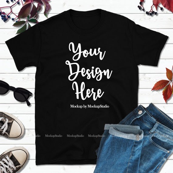 Download Fall Shirt Mock Up Gildan 64000 Black T-Shirt Mockup ...
