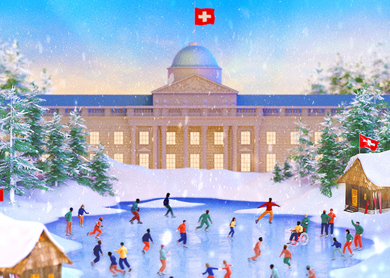 An illustration of the courtyard at Somerset House reimagined as winter scene, with people skating on ice, with two wooden huts surrounding it, with Swiss flags atop.