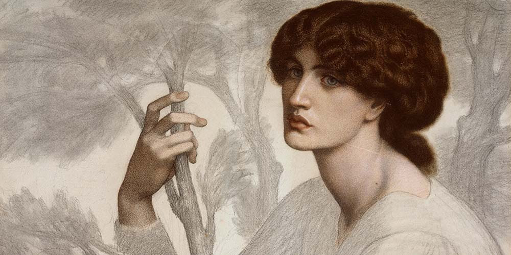 Detail from a painting by Rossetti called The Day Dream showing a woman looking into the distance holding onto a branch