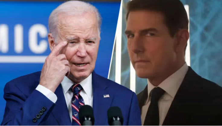 Photo of befuddle Biden with overlay of Tom Cruise.