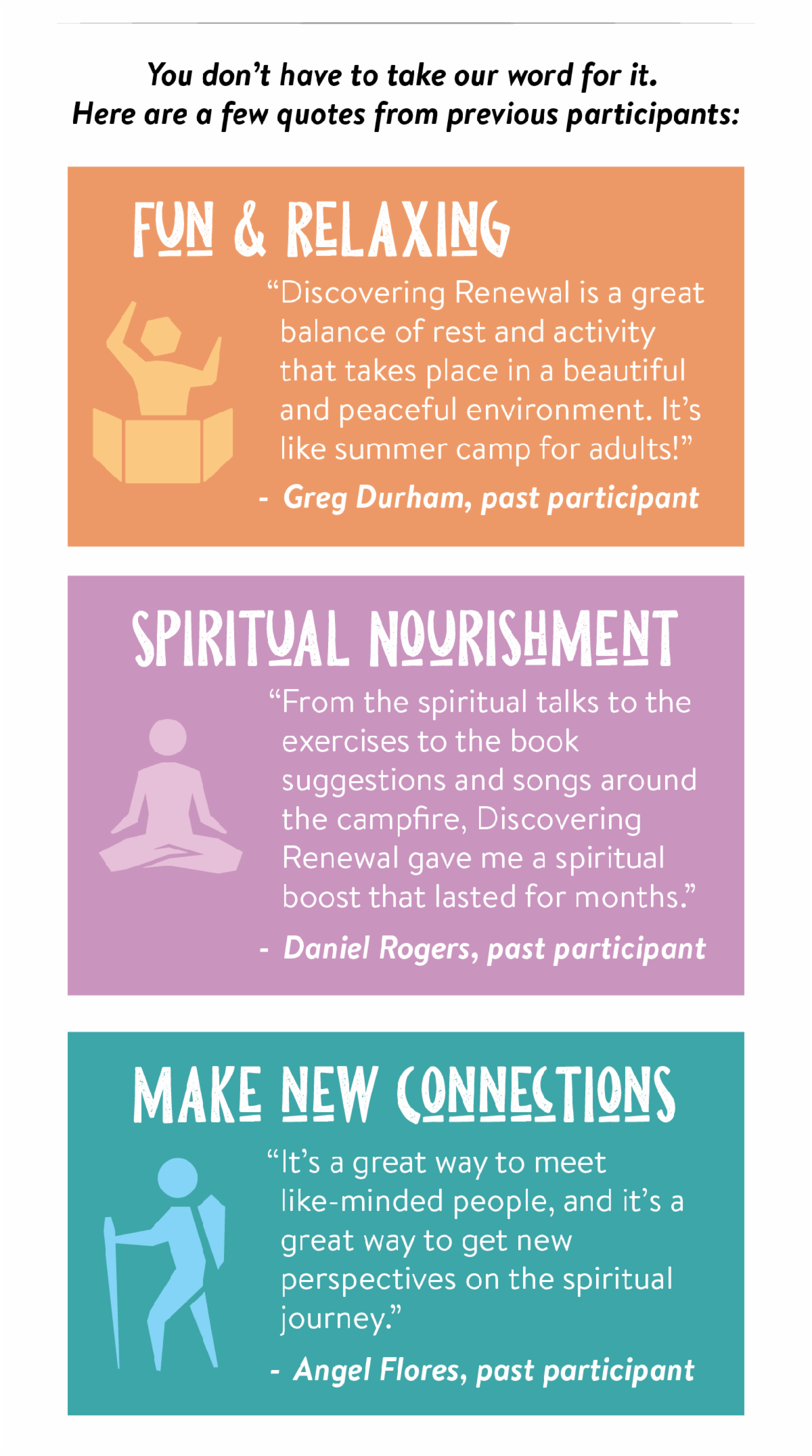 You don't have to take our word for it. Here are a few quotes from previous participants: Fun & Relaxing - “Discovering Renewal is a great balance of rest and activity that takes place in a beautiful and peaceful environment. It’s like summer camp for adults!” - Greg Durham, past participant. Spiritual Nourishment - “From the spiritual talks to the exercises to the book suggestions and songs around the campfire, Discovering Renewal gave me a spiritual boost that lasted for months.” - Daniel Rogers, past participant. “It’s a great way to meet like-minded people, and it’s a great way to get new perspectives on the spiritual journey.” - Angel Flores, past participant.