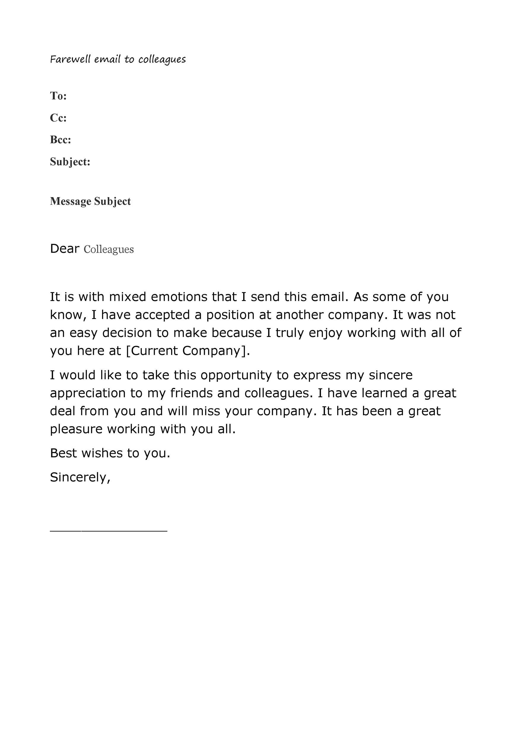 Farewell Mail Sample To Colleagues | Master Template